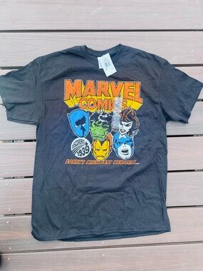 Marvel Black Short Sleeve Graphic Tee with Multicolor Comic Characters